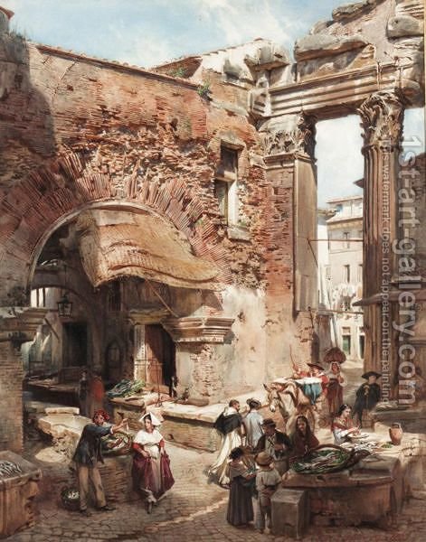 471x600 An Italian Market Scene By Roman Ruins Ludwig Passini Reproduction - Roman Ruins Painting