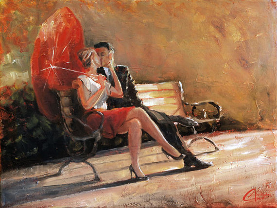 570x428 A Kiss In The Park - Romantic Couple Painting Images