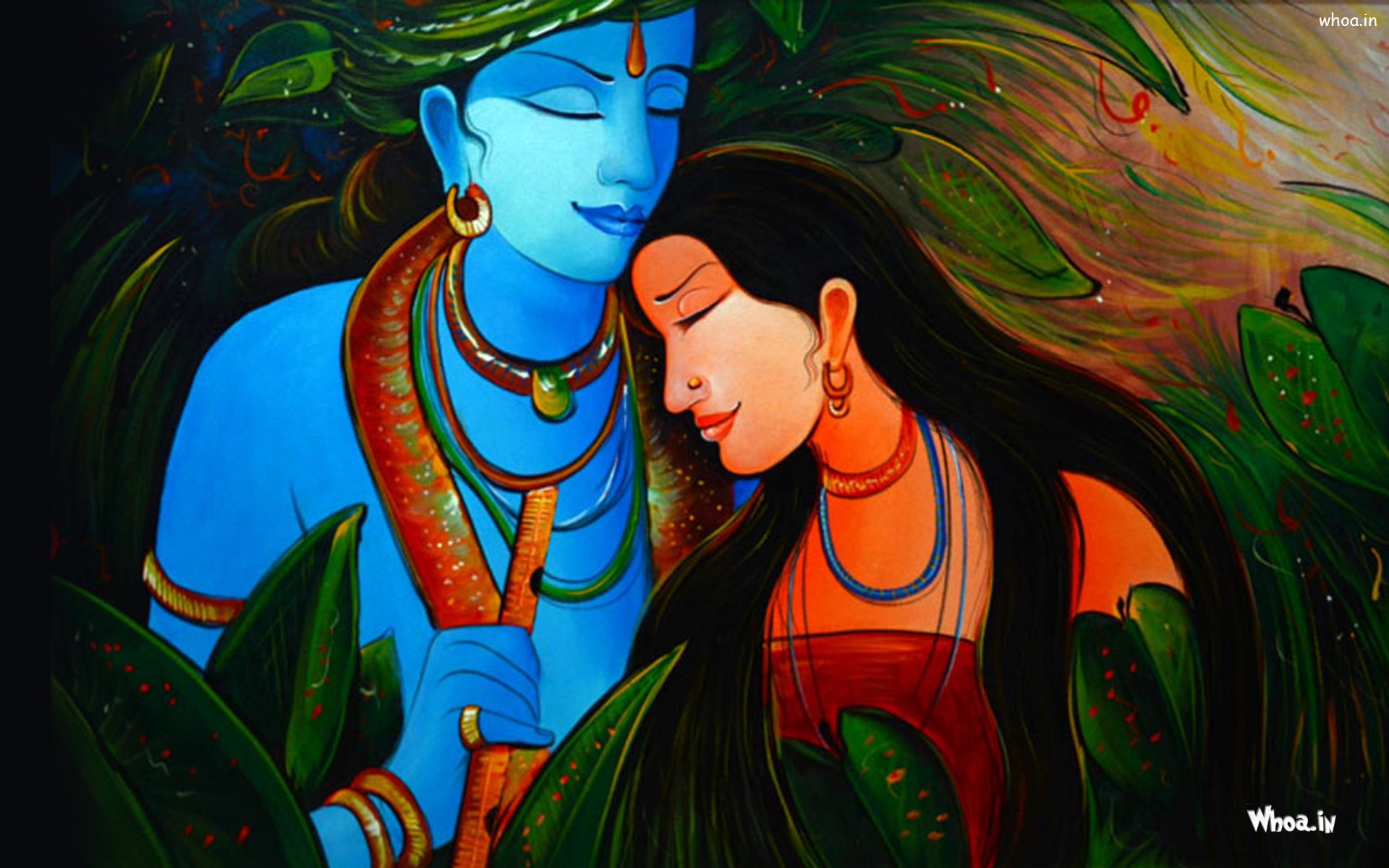 1920x1200 Romantic Love Painting Radha Krishna With Green Background Hd - Romantic Love Painting