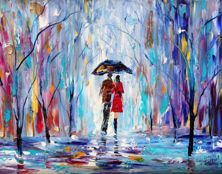 721x566 Romantic Textured Paintings Of Couples Walking Together - Romantic Love Painting
