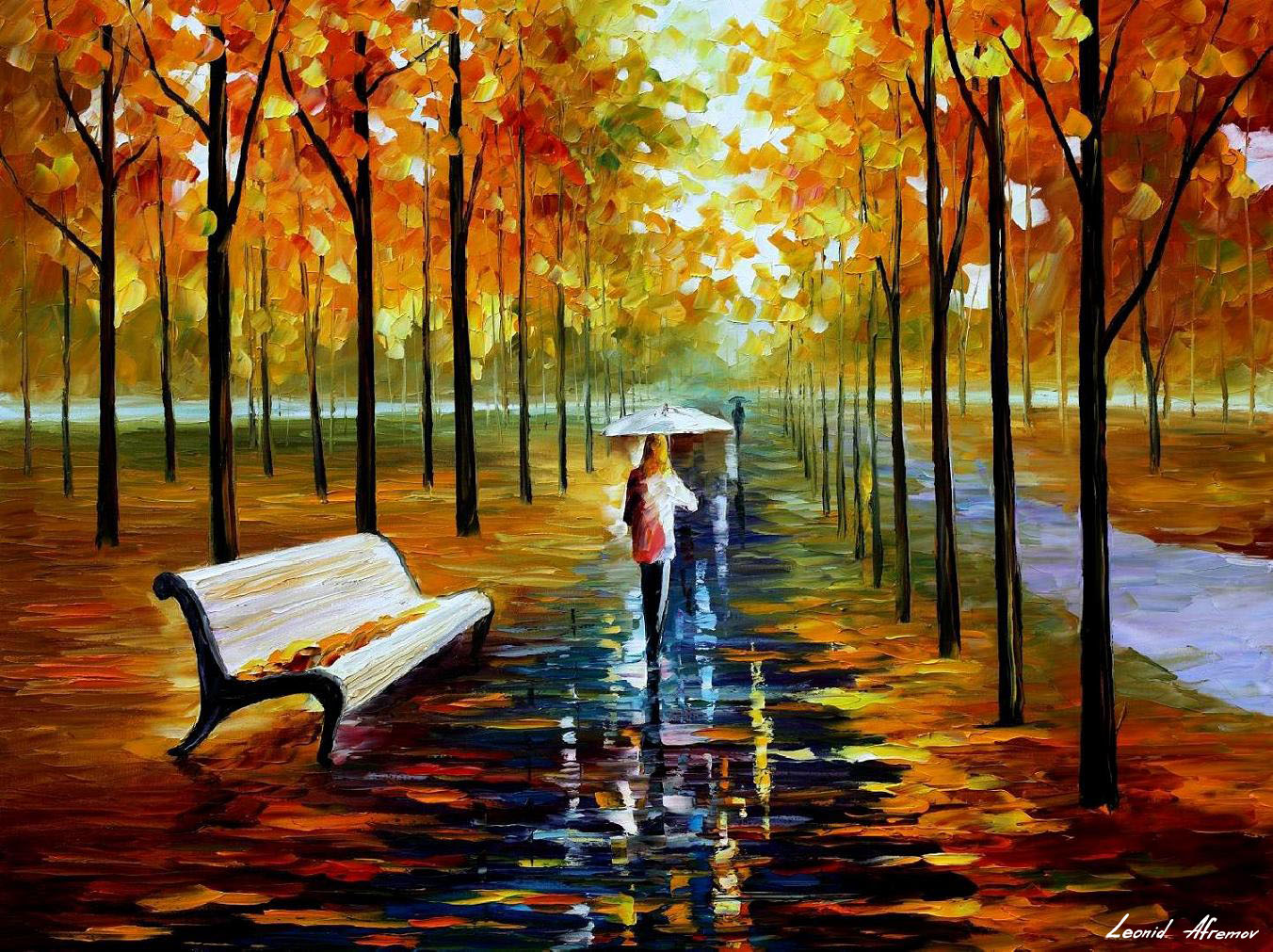 1352x1011 Fall White Umbrella Palette Knife Oil Painting On Canvas By - Romantic Painting