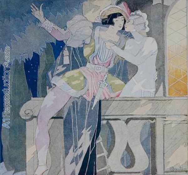 600x560 Romeo And Juliet In The Balcony Scene Oil Painting Reproductions - Romeo And Juliet Painting Balcony Scene