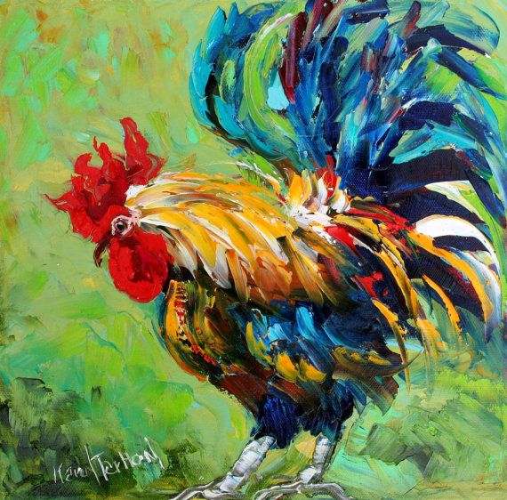 570x562 Original Oil Painting Impasto Rooster Palette Knife Fine Art - Rooster Oil Painting