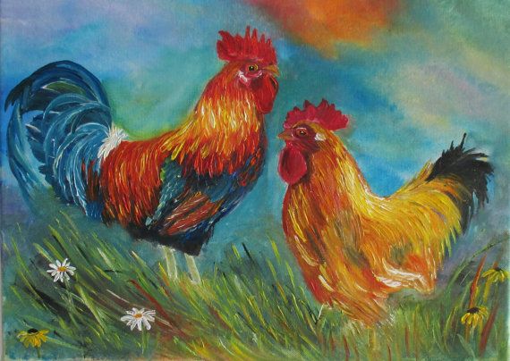 570x404 Rooster Oil Painting, Hen Painting, Chicken Painting, Kitchen Wall - Rooster Oil Painting