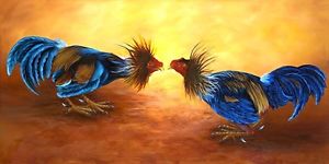 300x150 Art By Daysi. Rooster Fighting Oil Painting 30x 12 Signed By - Rooster Oil Painting
