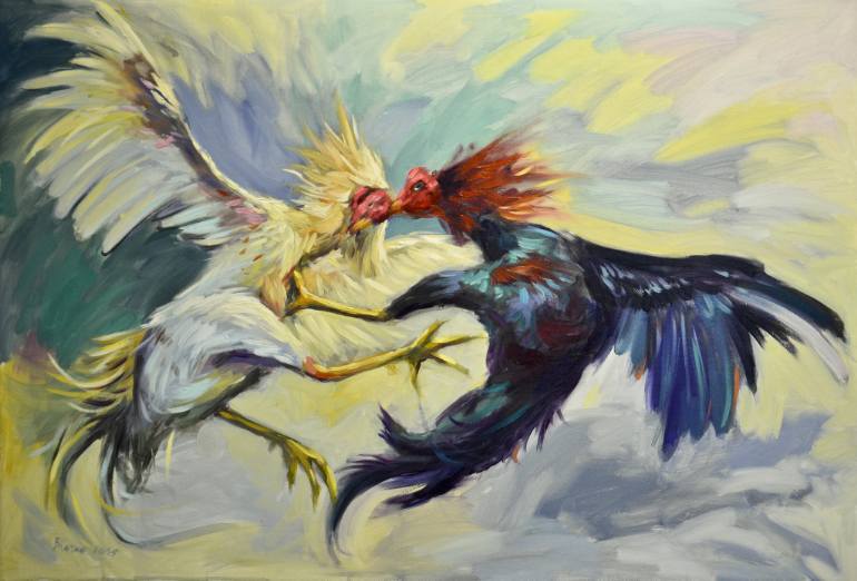 770x522 Saatchi Art Fight In Color (Rooster Fight) Painting By Vladimir I - Rooster Painting