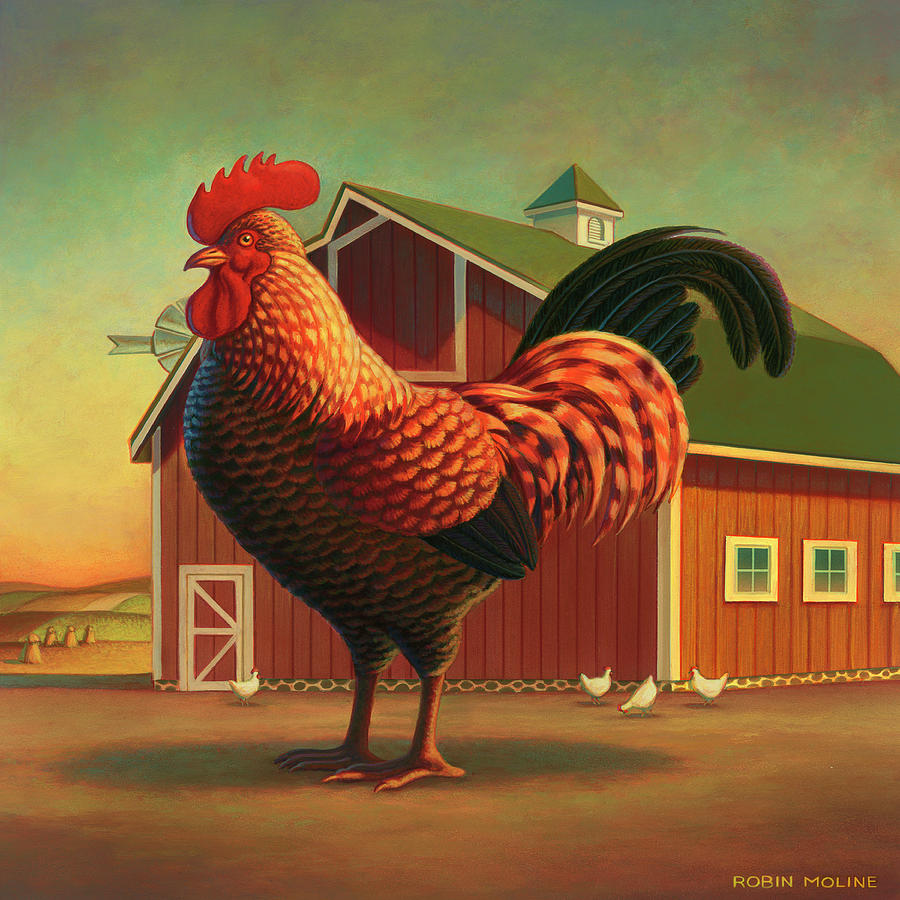 900x900 Rooster And The Barn Painting By Robin Moline - Rooster Painting Images
