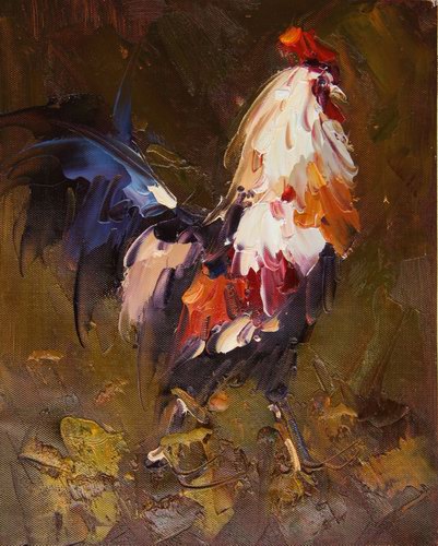 401x500 Fighting Rooster Painting, Apalette Knife Paintings Reproduction - Rooster Painting Images
