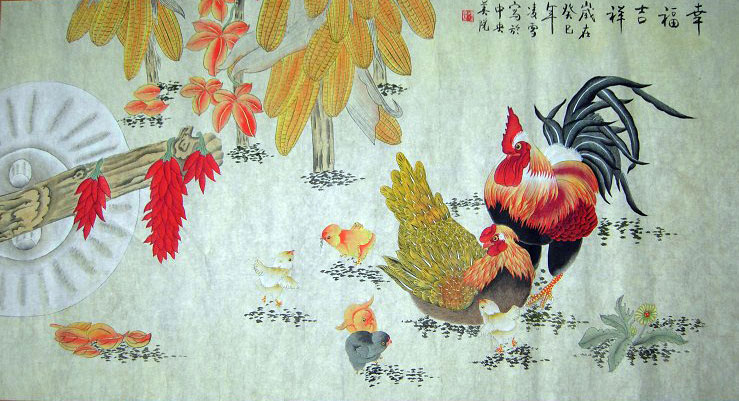 739x401 Happiness And Luck Original Chinese Rooster Painting Wall Art - Rooster Painting Images