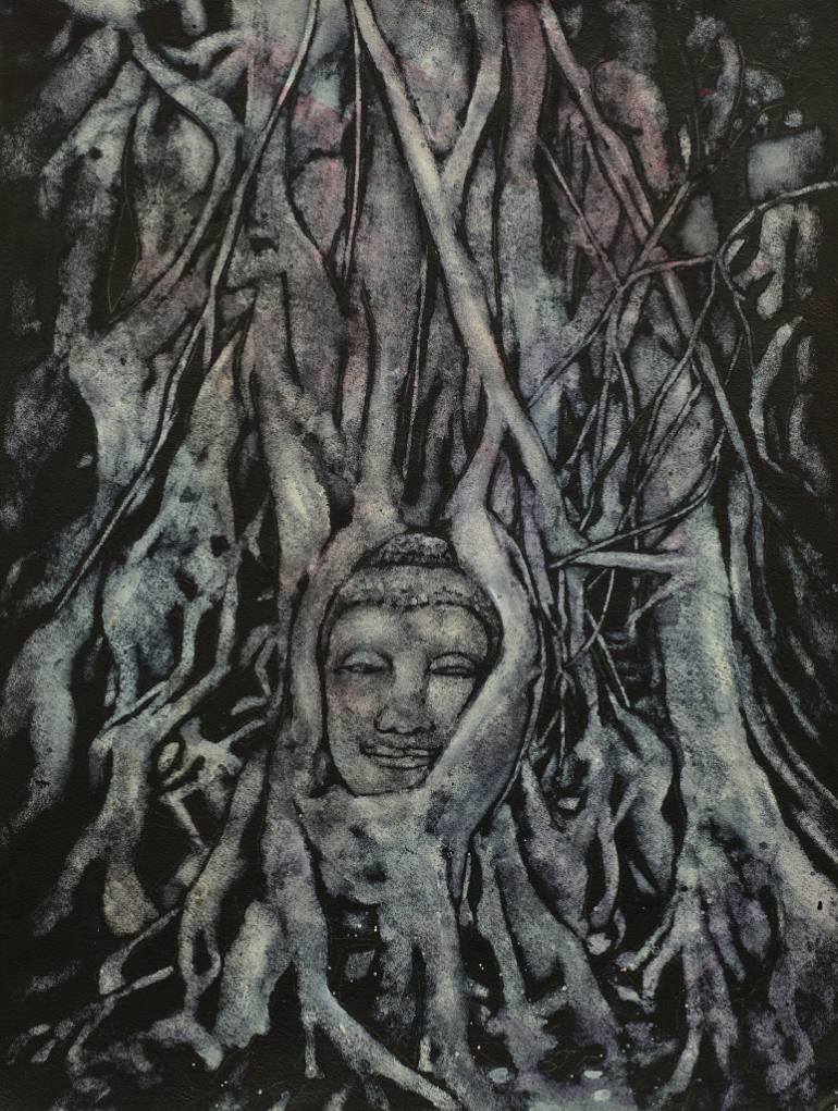770x1021 Saatchi Art Watercolor Painting Of Ruined Buddha Head Entwined - Roots Painting