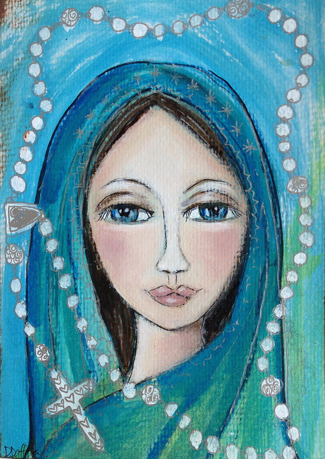 636x900 Mary With White Rosary Beads Painting By Denise Daffara - Rosary Painting