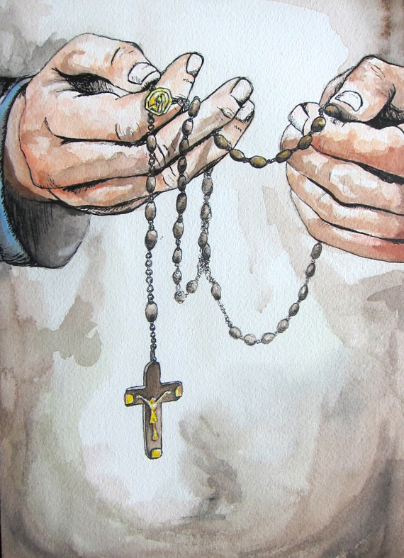 570x787 Praying Hands Catholic Rosary Art Original Watercolor - Rosary Painting