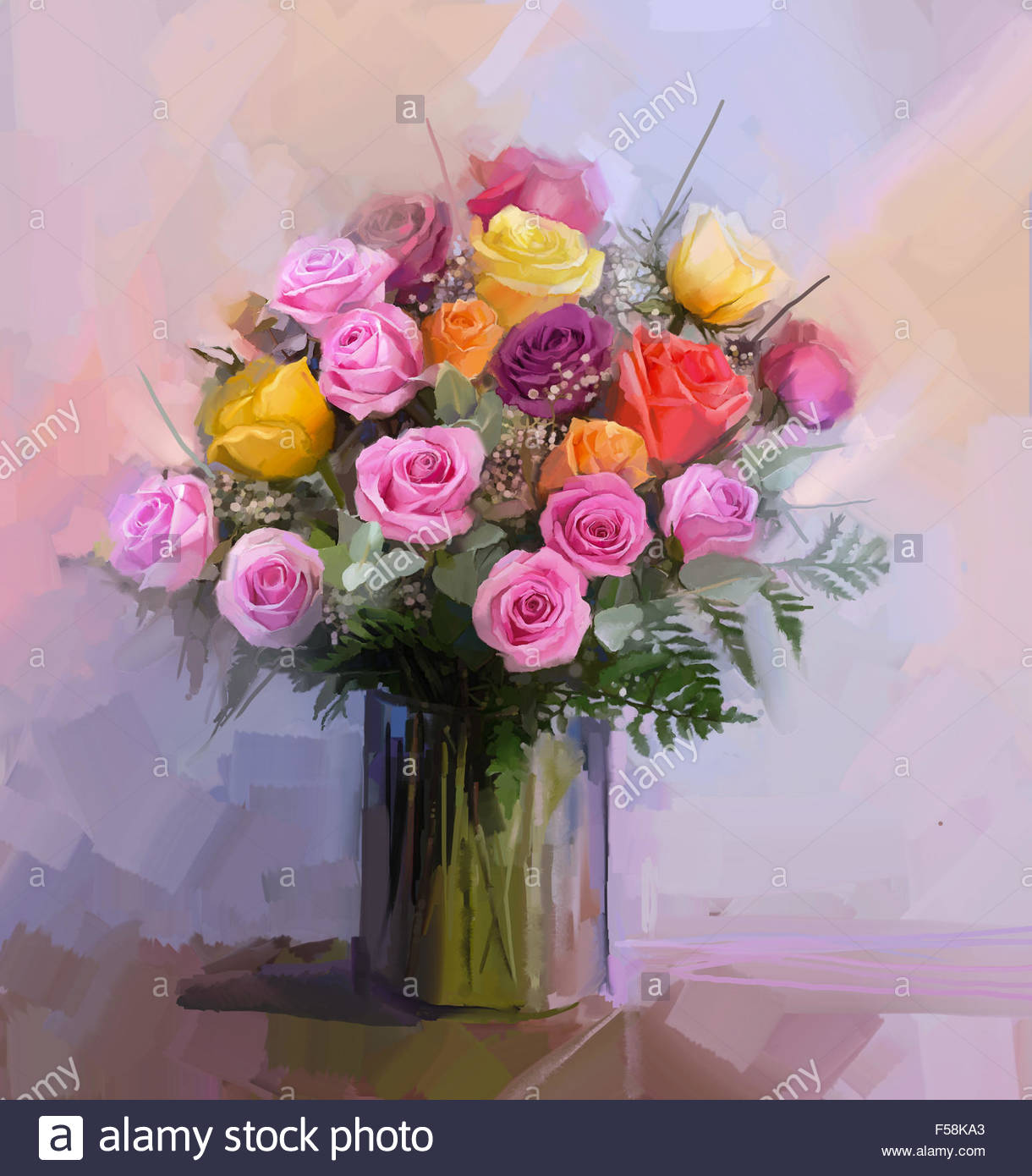 1220x1390 Still Life A Bouquet Of Flowers. Oil Painting Red And Yellow Rose - Rose Bouquet Painting