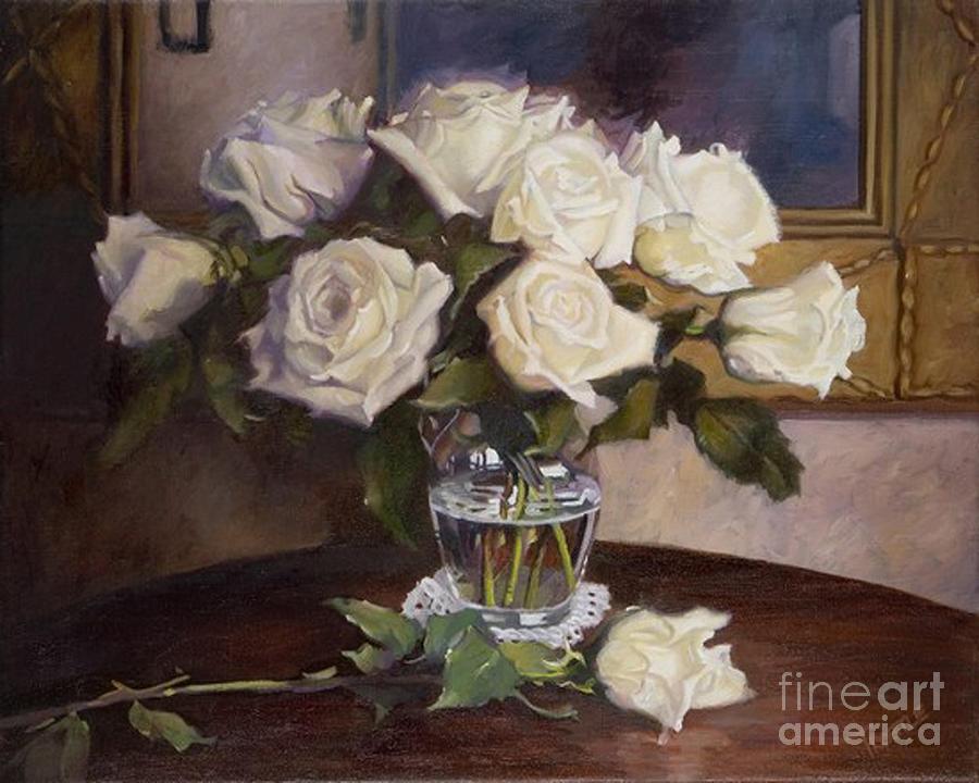 900x720 White Rose Bouquet Print Painting By Patti Trostle - Rose Bouquet Painting