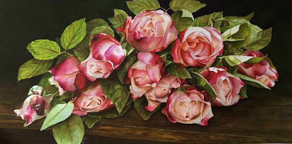 960x474 Bouquet Roses On Wood Table Watercolor Amp Oil Paintings - Rose Bouquet Painting