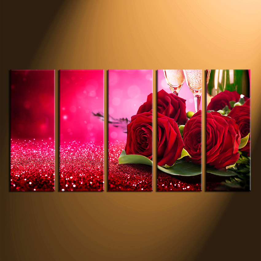 850x850 5 Piece Canvas Wall Art, Red Rose Huge Canvas Prints, Champagne - Rose Canvas Painting