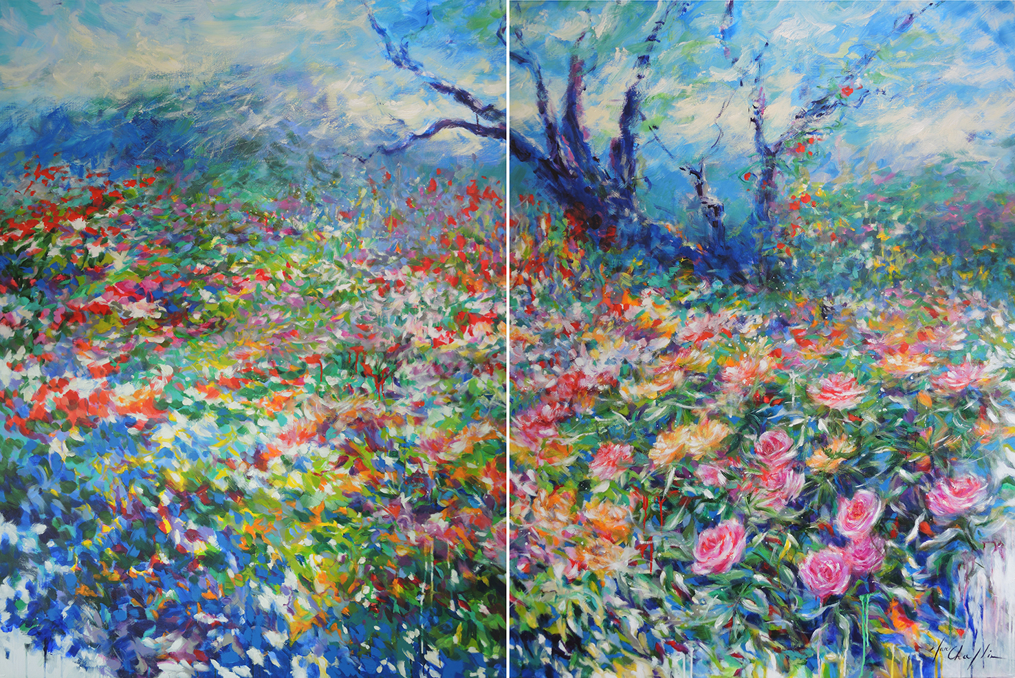 1476x986 Rose Garden Painting Atmospheric Art Colourful Landscape Painting - Rose Garden Painting