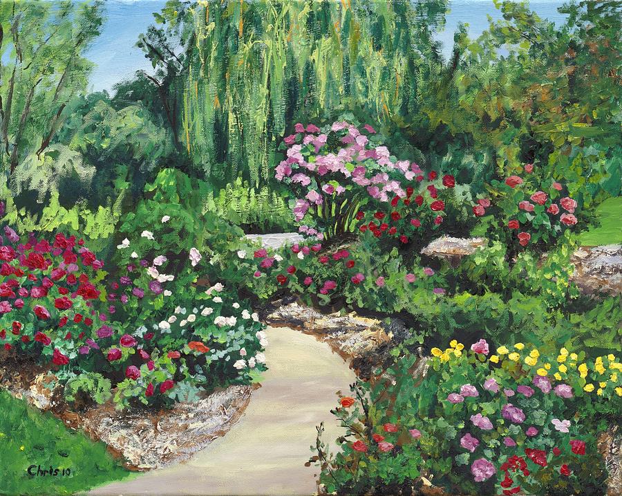 900x717 Shrub Rose Garden Painting By Christina Plichta - Rose Garden Painting