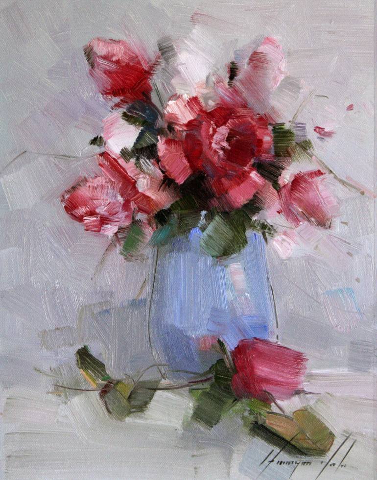 770x980 Saatchi Art Vase Of Roses Original Oil Painting On Canvas - Rose Oil Painting