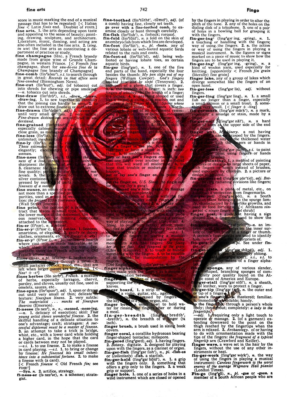 1000x1384 Rose Dictionary Art Print, Red Rose Print On Dictionary Page, Red - Rose Painting
