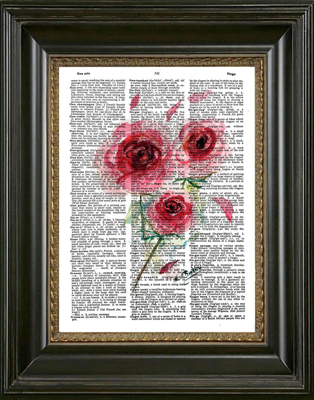 1100x1400 Roses Dictionary Art Print, Pink Roses Print On Dictionary Page - Rose Painting Images