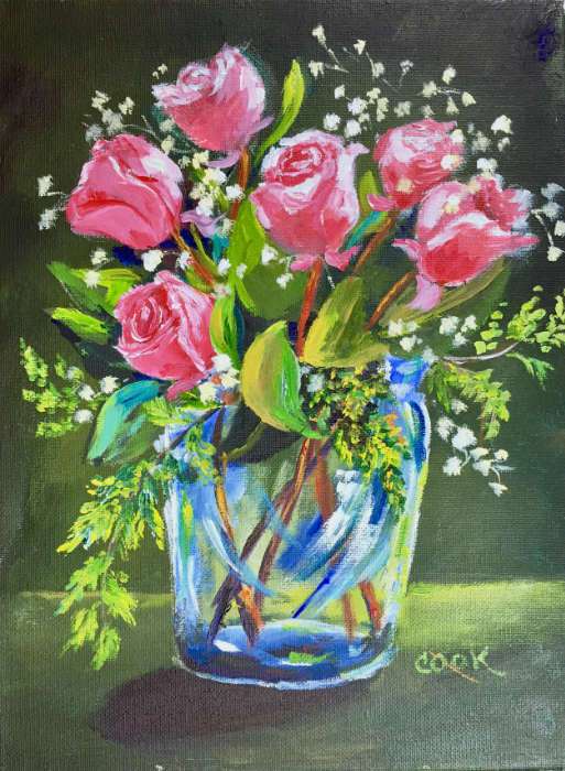 513x700 Pink Roses In Glass Vase - Roses In A Vase Painting