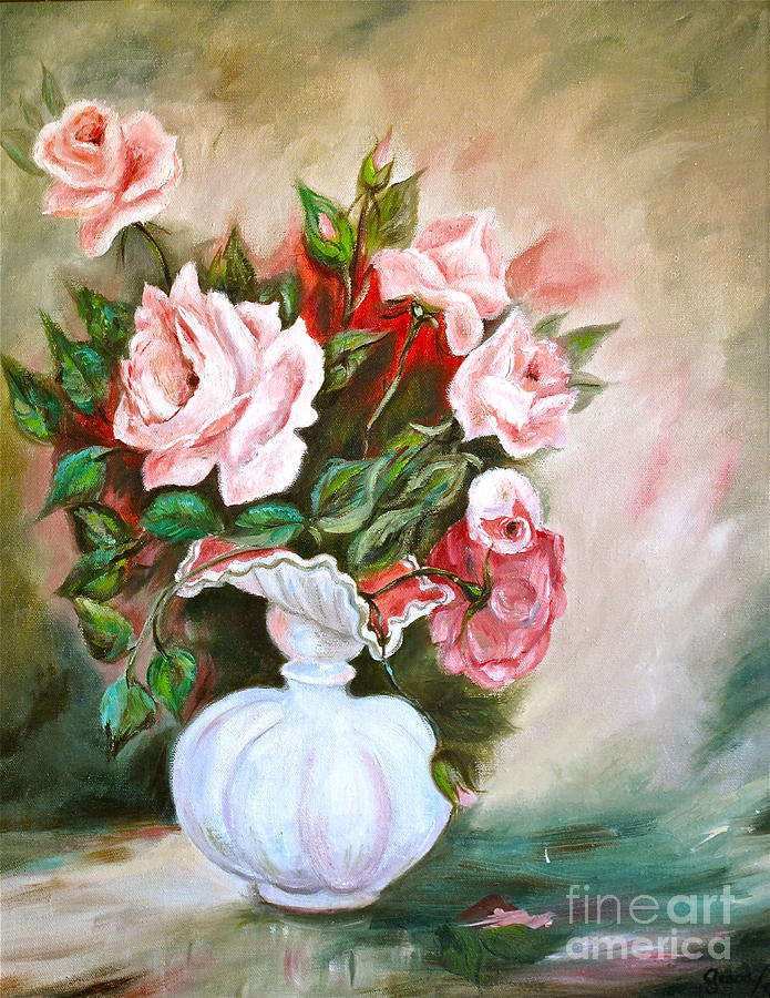 695x900 Roses In Vase Painting By Virginia Ann Hemingson - Roses In A Vase Painting