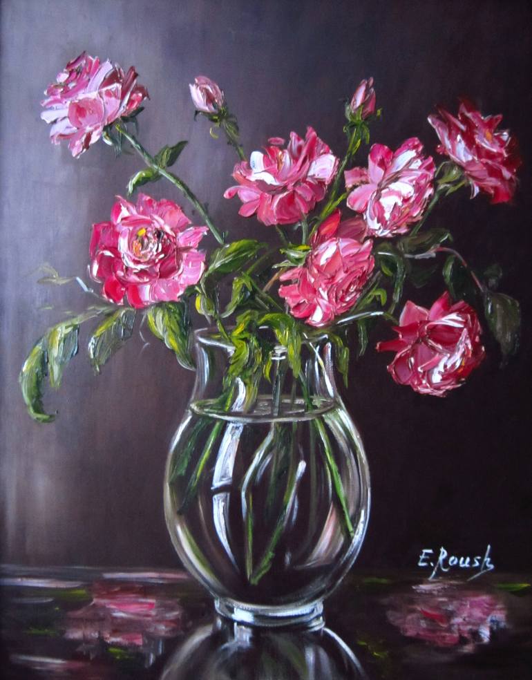 770x984 Saatchi Art Roses In A Glass Vase. Painting By Elena Roush - Roses In A Vase Painting