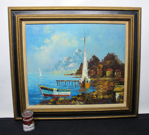 500x453 Vintage Rossini Signed Italian Shoreline Boats Oil On Canvas - Rossini Oil Painting