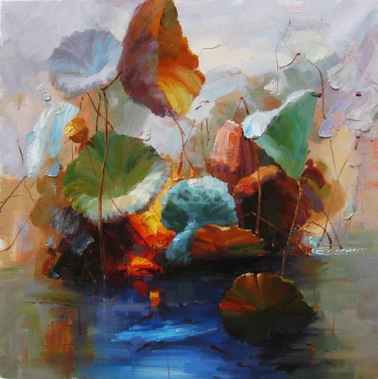 550x551 Rough Lotus Scenery Oil Painting Op Fl2 13 - Rough Painting