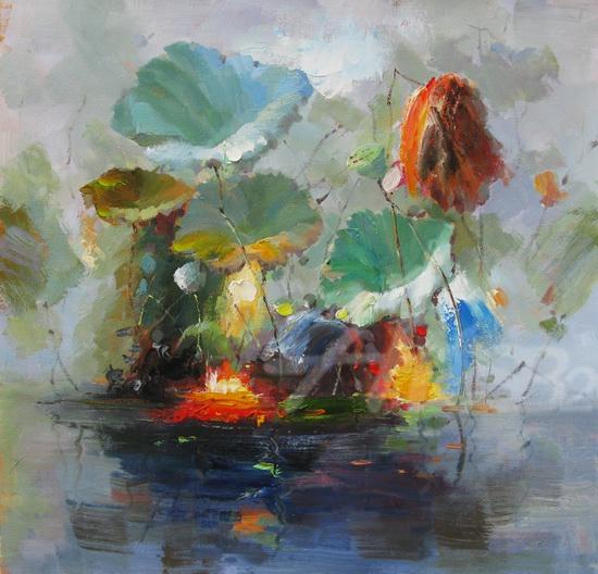 550x528 Rough Lotus Scenery Oil Painting Op Fl2 14 - Rough Painting