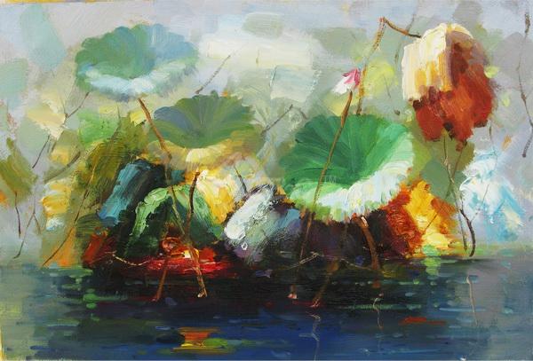 600x407 Rough Lotus Scenery Oil Painting Op Fl2 7 - Rough Painting