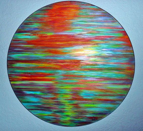 570x523 Metallic Abstract Painting On Round Wood Canvas, Bright Colorful - Round Canvas Painting