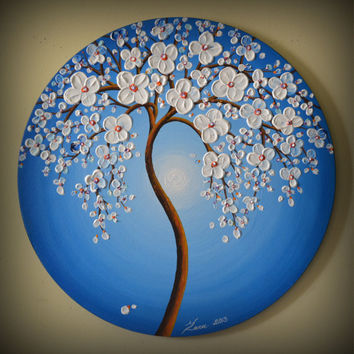 354x354 Red Cherry Blossom Tree Painting, Black From Zarasshop On Etsy - Round Canvas Painting