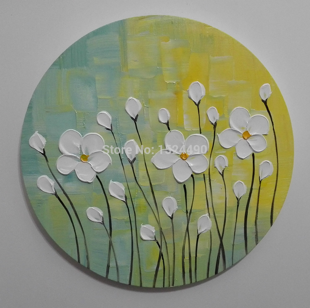 1000x992 Round Painting 3pcsset 100% Handpainted White Flowers Modern - Round Canvas Painting