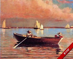 300x240 Row Boat In The Bay At Dusk Sunset Oil Painting Art Real Canvas - Row Boat Painting