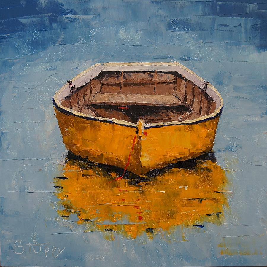 900x900 Yellow Rowboat Painting By Gretchen Stuppy Carlson - Row Boat Painting