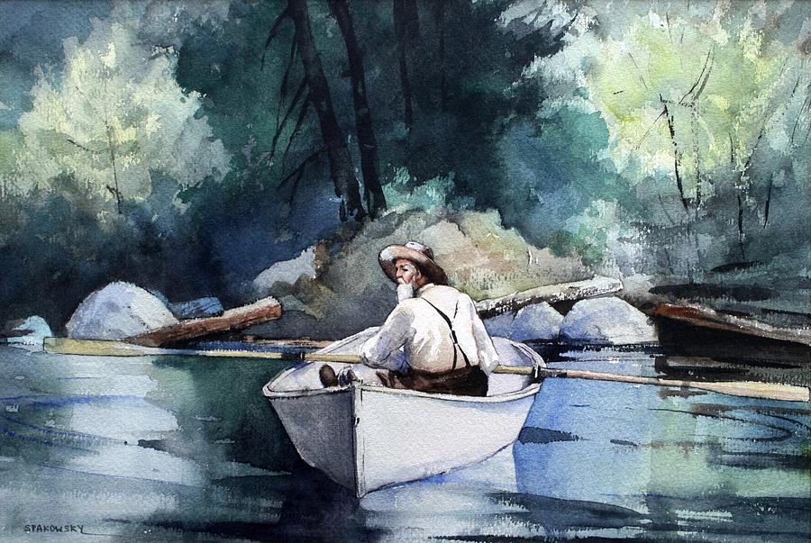 900x603 Man In A Row Boat Painting By Michael Spakowsky - Row Boat Painting
