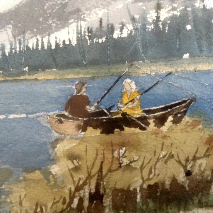 720x720 Fishing Couple In A Row Boat On A Mountain Lake Watercolor - Rowboat Painting