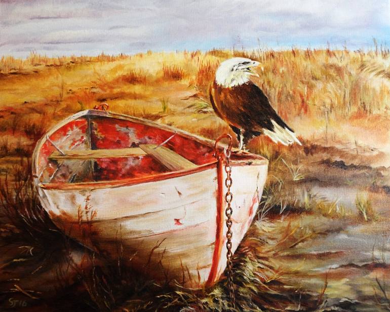 770x616 Saatchi Art American Bald Eagle And Rowboat Painting By Steve James - Rowboat Painting