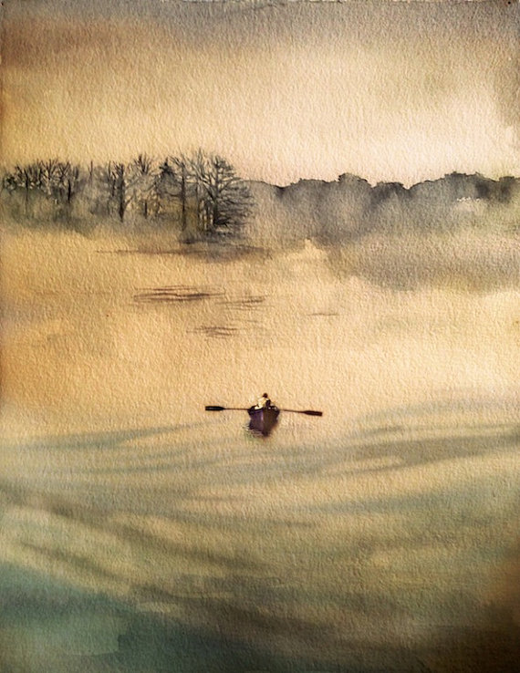 570x738 Watercolor Painting Art My Maine On A Foggy Day Original - Rowboat Painting