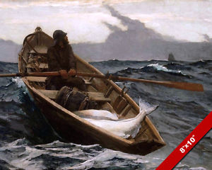 300x240 Ocean Man Row Boat Sea Fishing Fine Art Painting Real Canvas - Rowing Boat Painting