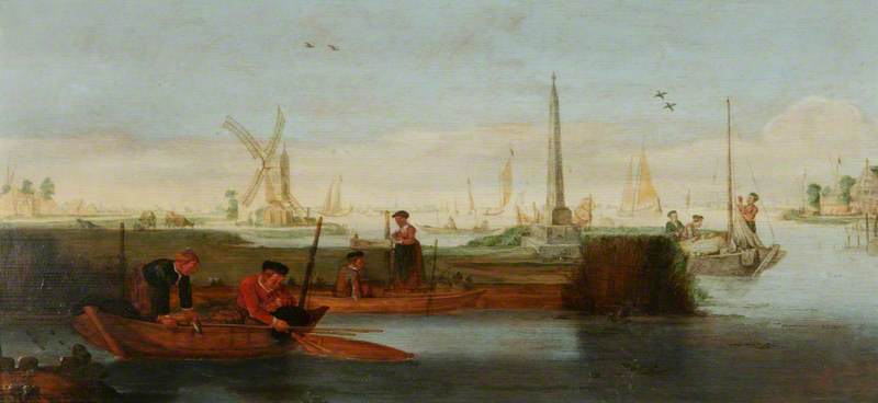 800x368 River Scene With Fishermen In A Rowing Boat In The Foreground Art Uk - Rowing Boat Painting