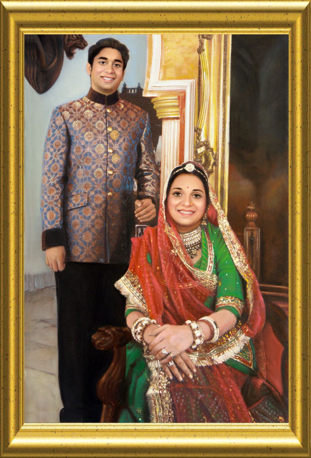 610x900 Portrait Painting Of Hh Maharani Divya Singh Ji With Yuvraj - Royal Family Portrait Painting