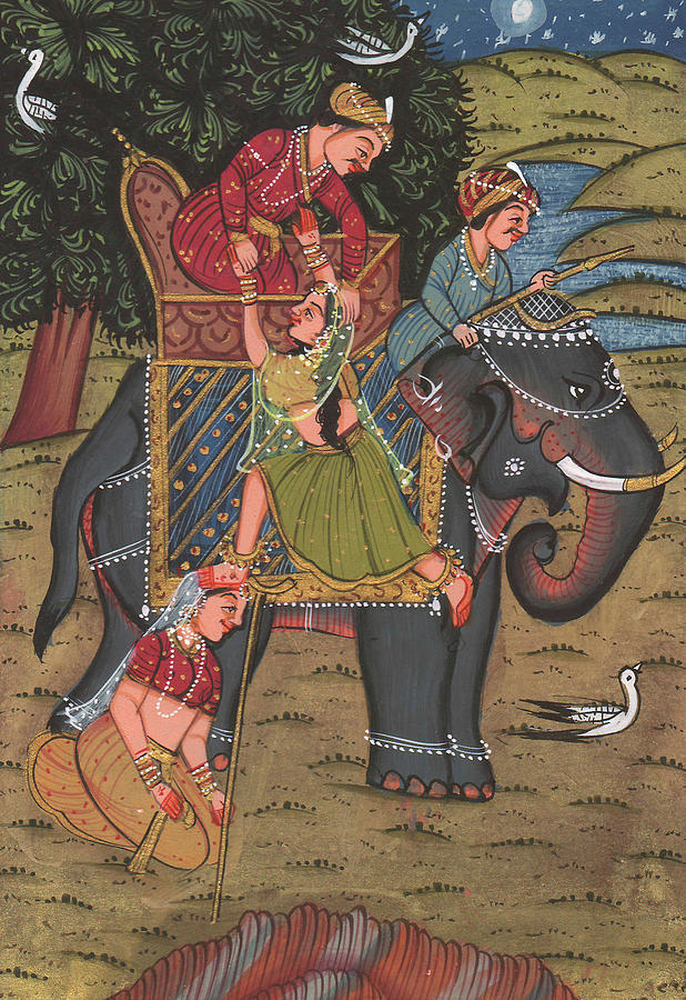 618x900 Rajput Royal King Vintage Art Miniature Forest Picnic Elephant - Royal King Painting
