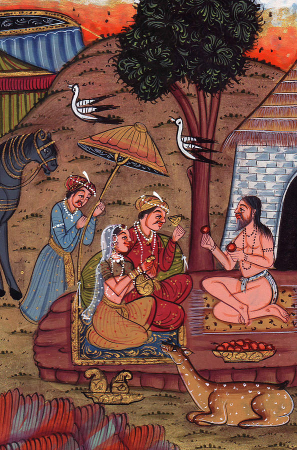 594x900 Rajput Royal King Vintage Art Miniature Forest Worship Painting - Royal King Painting