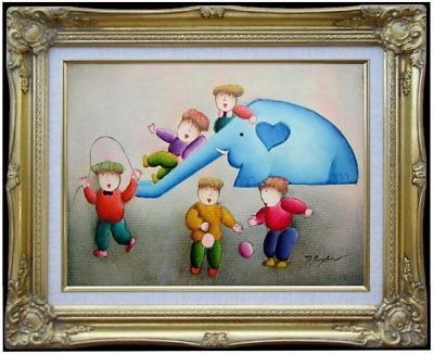 400x326 Framed, J Roybal Kids Playing With A Elephant, Hand Painted Oil - Roybal Painting