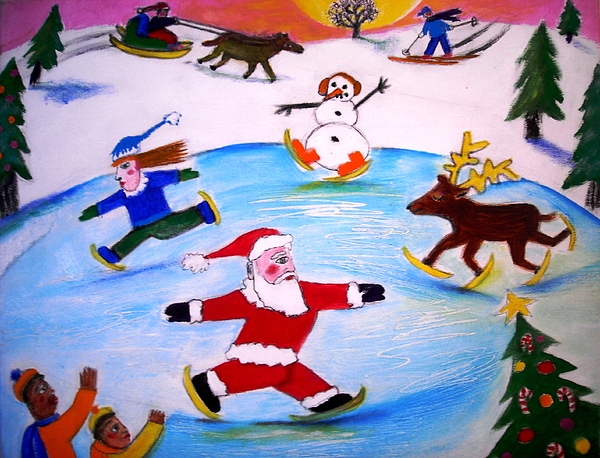 600x458 Winter Party With Santa And Rudolph Painting By Ward Smith - Rudolph Painting