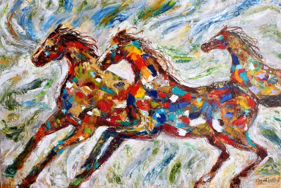 570x382 Original Oil Painting Wild Horses Run Abstract Impressionism Fine - Run Painting