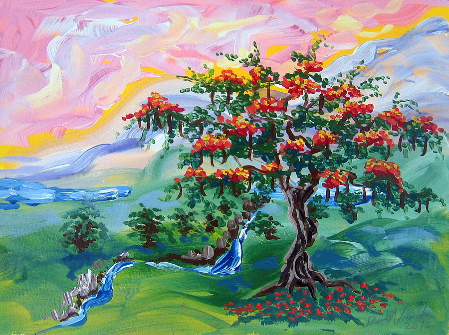 900x672 Flamboyant Tree And Run Painting By David Francke - Run Painting